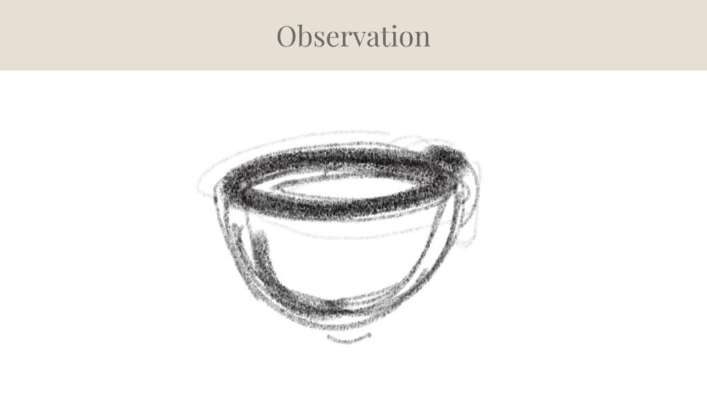 Level 1 - observation drawing of a simple cup in black and white charcoal.