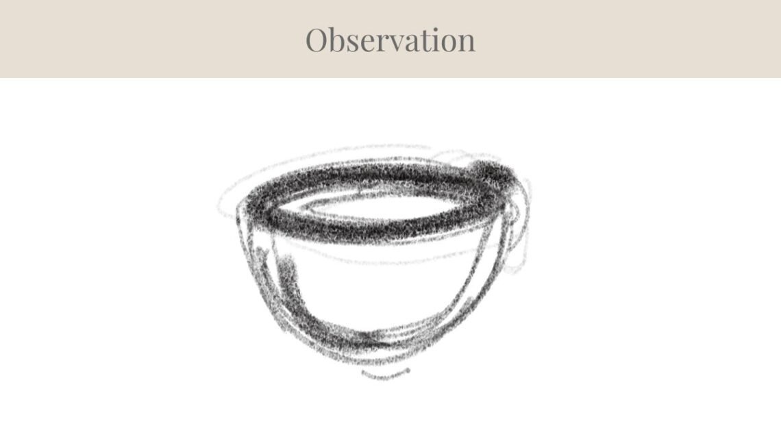 Level 1 - observation drawing of a simple cup in black and white charcoal.
