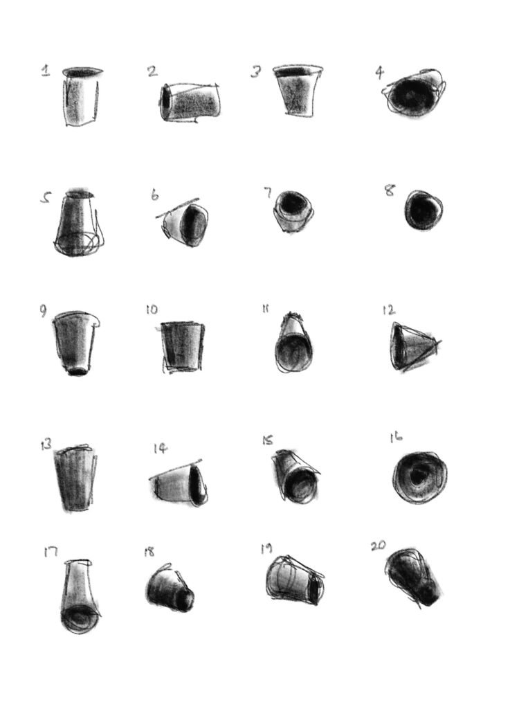 rough sketches of 20 cup drawing exercise tutorial