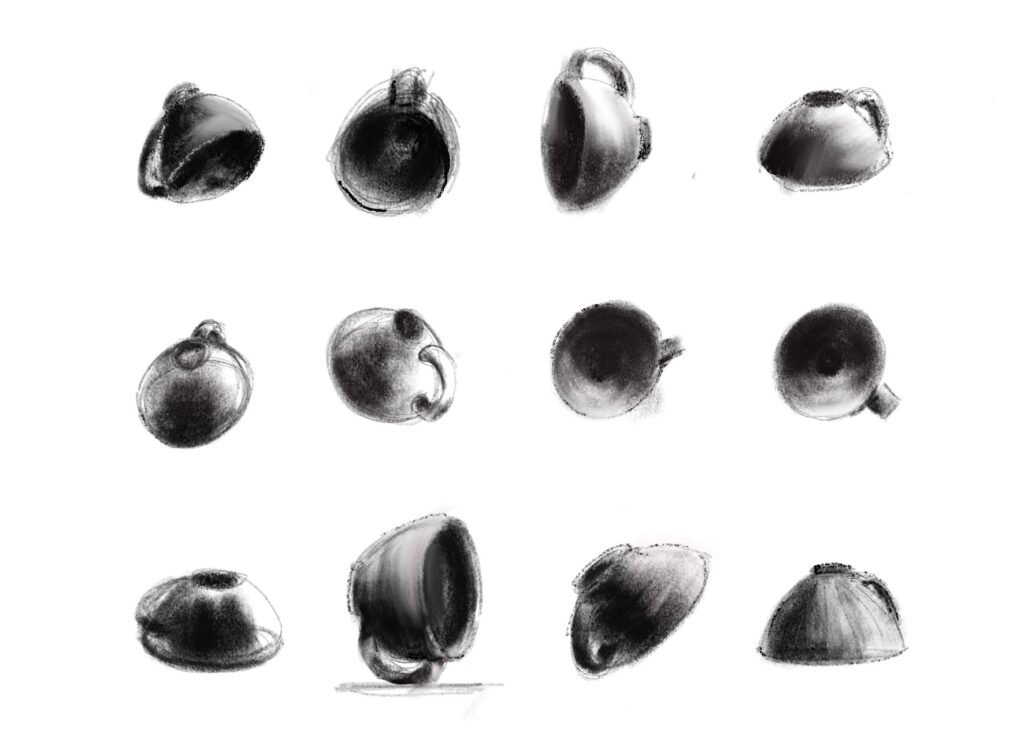 Everybody Draws Academy - rough sketches in observing how light and shadow inform shape and form. Charcoal drawings of a tea cup observed at different angles.