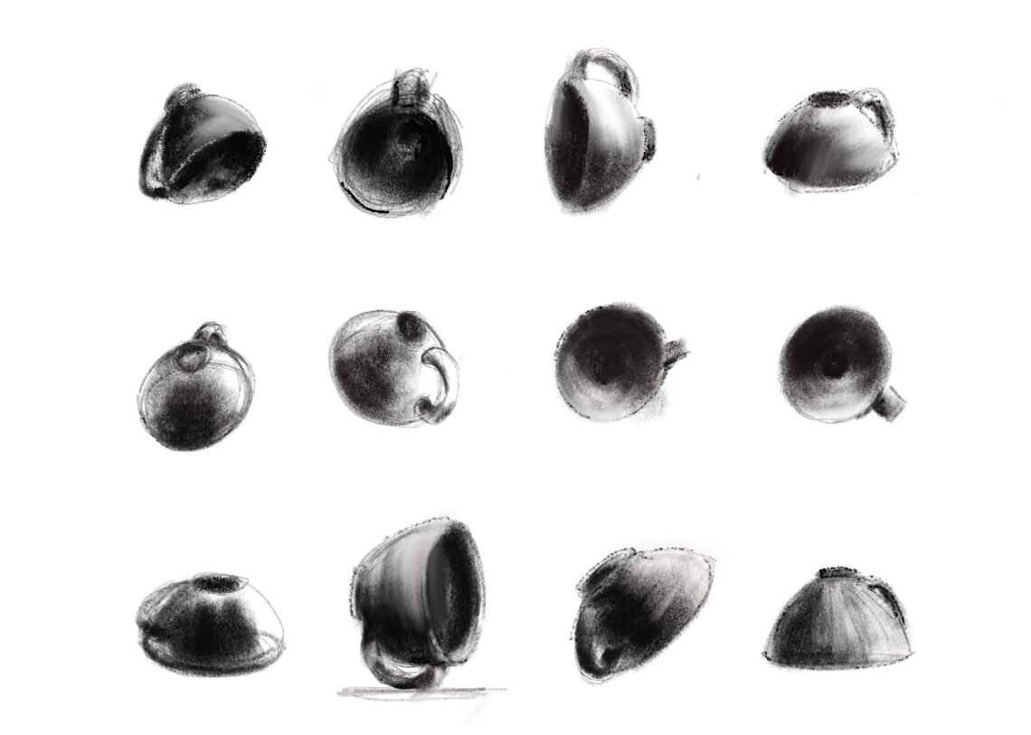 Everybody Draws Academy - rough sketches in observing how light and shadow inform shape and form. Charcoal drawings of a tea cup observed at different angles.
