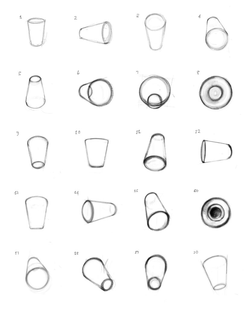 Level 1 - 20 views drawing exercise of coffee cup. Observational line drawings or sketches of 20 views of a coffee cup.