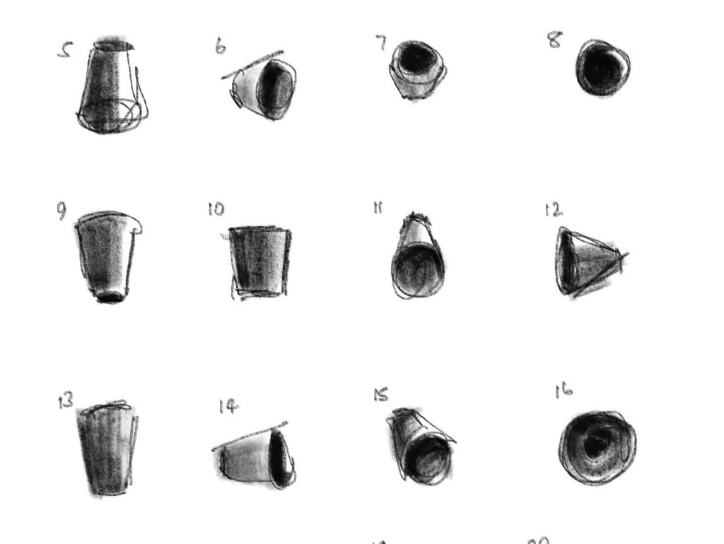 rough sketches of 20 cup drawing exercise tutorial