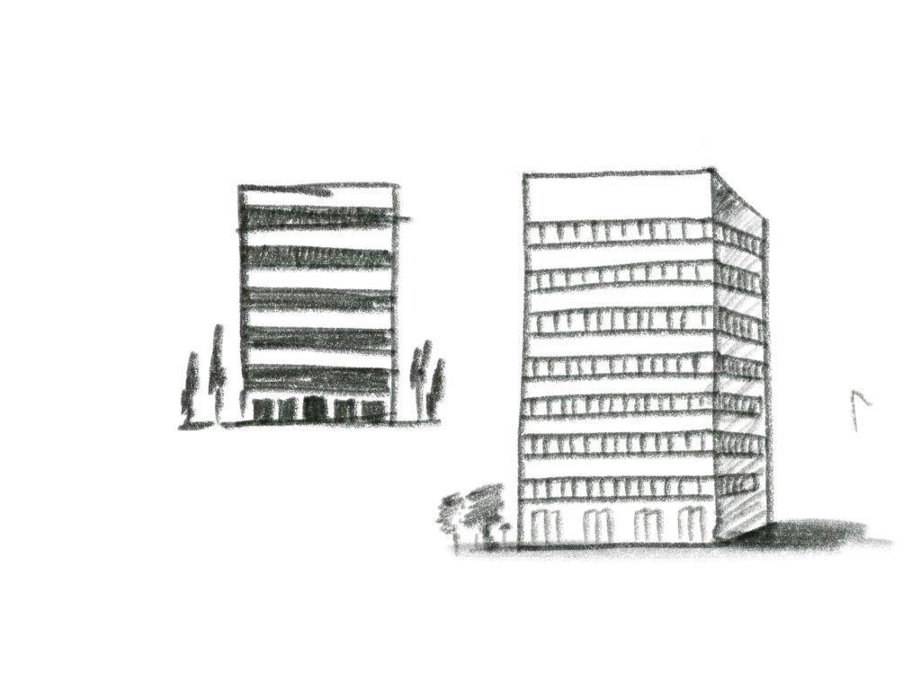Step 3: #001 Pencil sharpener. design a building - pencil sketch of a two building using the gripping side of a pencil sharper as inspiration.
